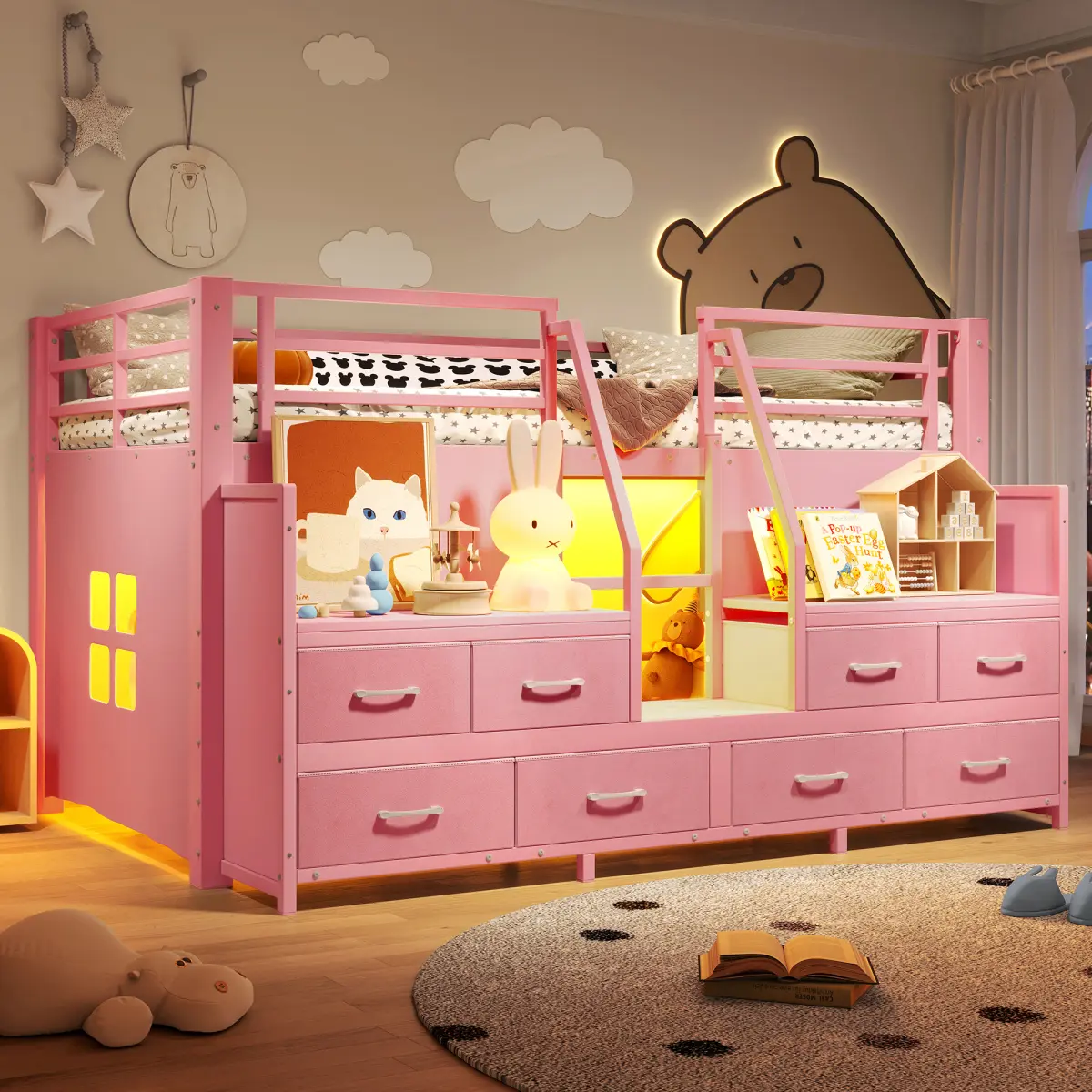 Twin Low Loft Bed with Multi-Storage Spaces, Including Fabric Drawers, Fabric Shelves Beside the Bed, Storage Stairs, Metal Loft Bed with Lights and Ample Under-bed Spaces, Pink