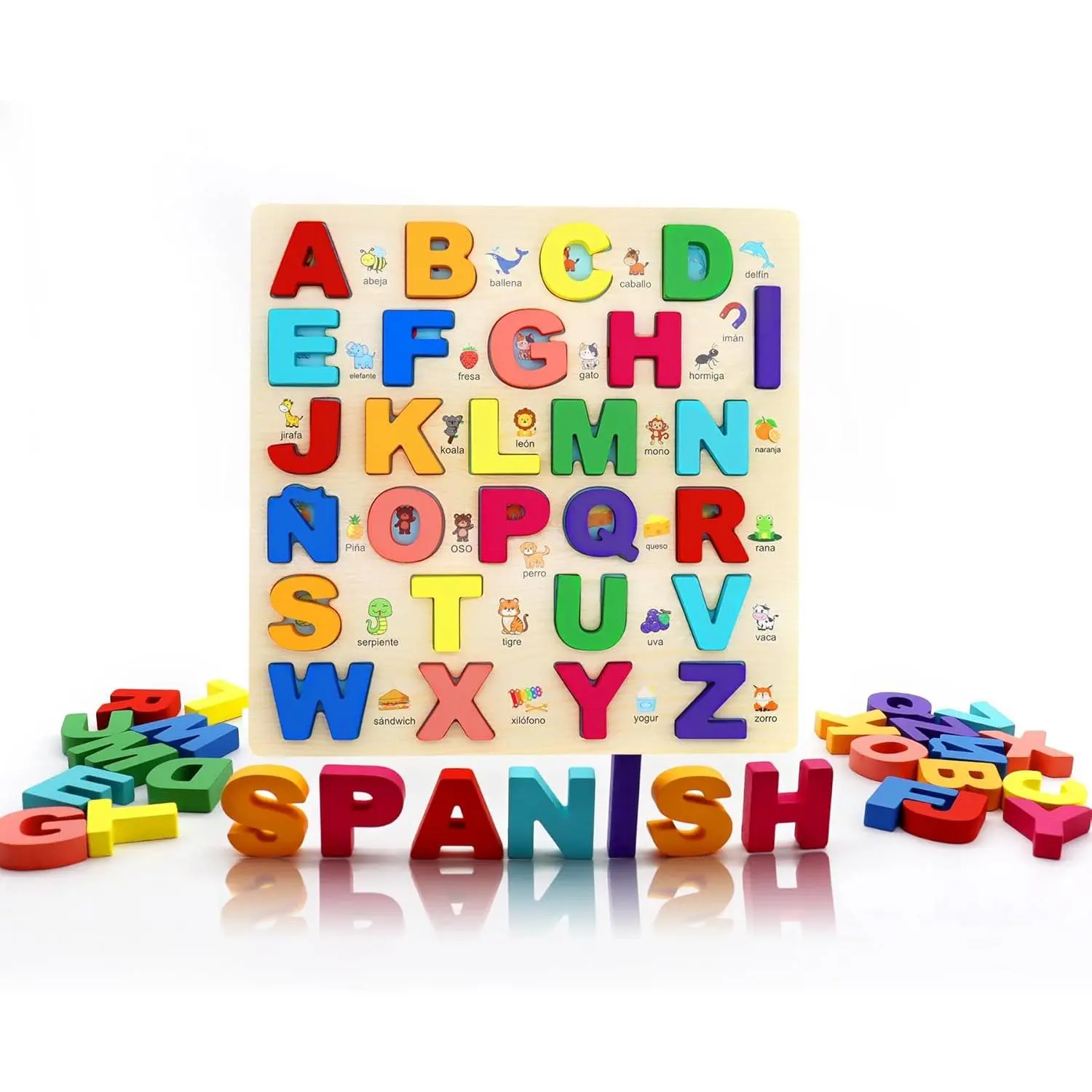 Wooden Alphabet Puzzle, Learn Spanish for Kids with 27 Spanish Letters, Colorful ABC Shape Puzzles for Kids, Preschool Educational Learning Toys for Girls and Boysfidget toys