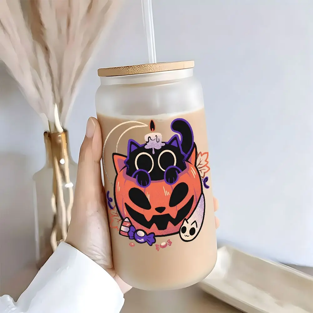 Cartoon Cat Pumpkin Theme 16oz Glass Cup with Lid and Straw,Reusable Glass Drinking Cup, High-Quality Glass Jar for Iced Coffee, Latte, Smoothie, Juice, Cold Drinks, Cute Spooky Season Glassware, Perfect Holiday Gift for Women, Friend, Family