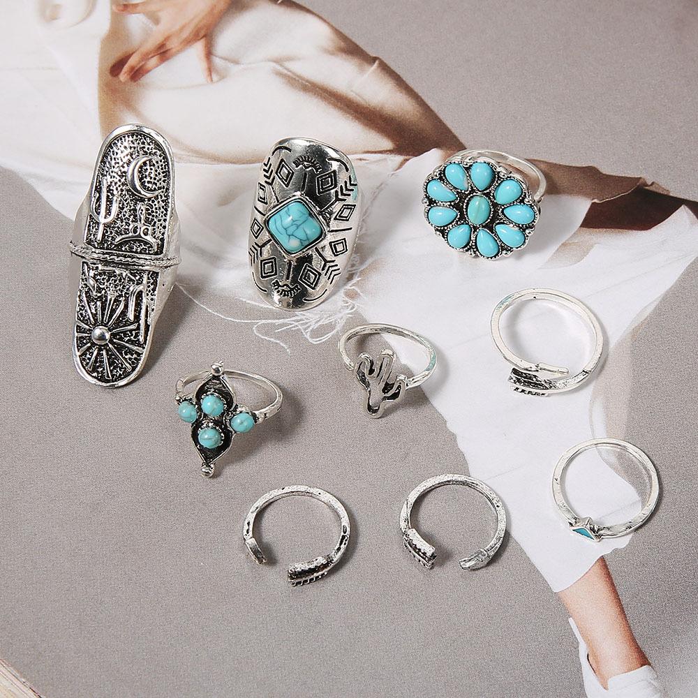 Vintage 9Pcs Turquoise Cactus Sunflower Ring Set for Women | Boho Western Style Silver Tone Alloy Stackable Rings | Bohemian Retro Statement Jewelry for Daily & Festival Wear