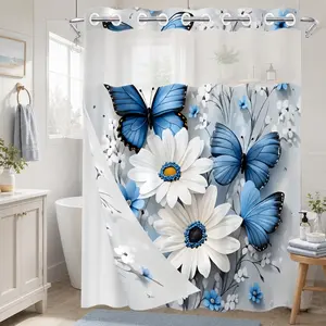 1 Piece No Hook Double Layer Shower Curtain, Pretty Shower Curtain, Blue Butterfly & White Daisy Print Bath Curtain, Waterproof, Mildew Resistant, Durable Fabric, Farmhouse Home Decor, Removable Liner, Top See-Through Window, 71"×74"