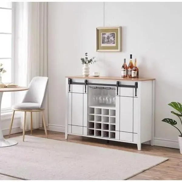 GARVEEFarmhouse Coffee Bar Cabinet with Storage, 47 Wine Bar Cabinet with Sliding Barn Door and Buffet Sideboard, Includes 16 Bottle Wine Rack, Ideal for Dining and Living Room, Available in Antique White and Light Rustic Oak Finishes.
