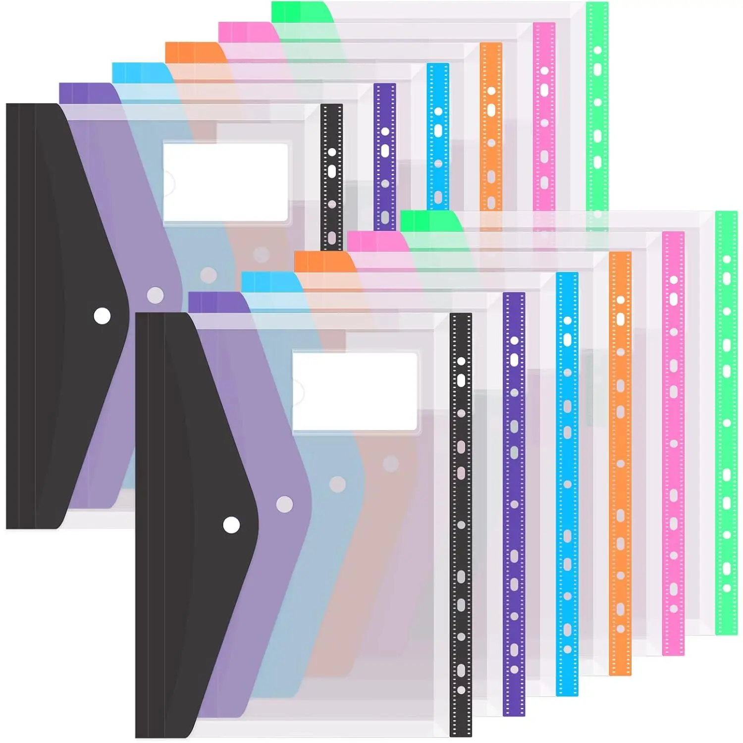 Binder Pocket 12 Pack Plastic Envelopes Binder Folders 11 Holes Expandable Binder Folders  2/3/4 Ring Document Pouch with Snap Button & Label Loose-Leaf Transparent  Office School Home