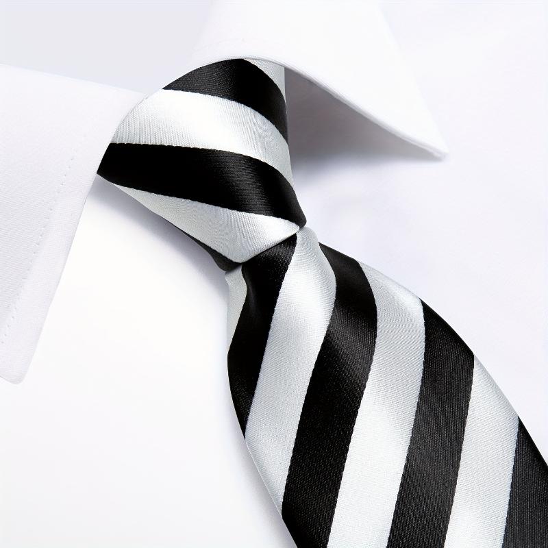 Elegant LINEZISEID Men's Striped Necktie, Cufflink & Handkerchief Set in Black and White - Polyester, Woven Style for Business & Parties, Ideal Gift