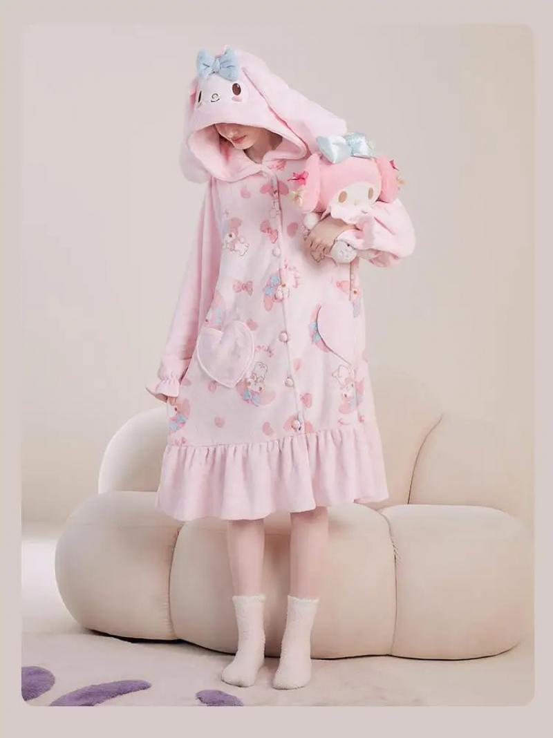 Kawaii My Melody Women Plush Pajamas Robe Set Homewear Cartoon Winter Long Style Thickened Nightgown Pants Anime Sweet Cartoon