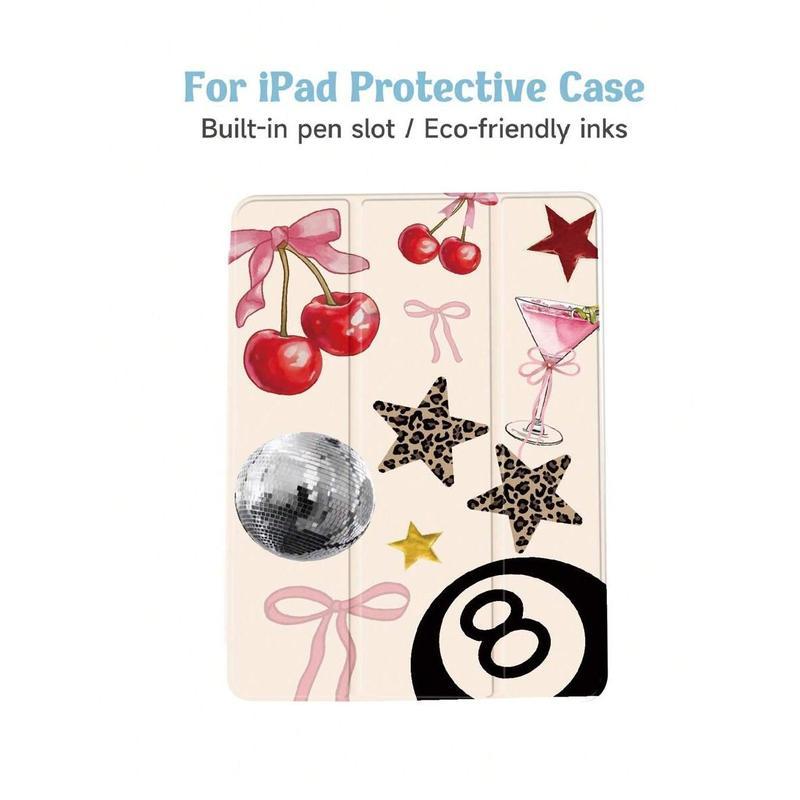 Leopard Print & Cherry Bow Pattern Tablet Case for IPad 10.2-Inch, IPad Pro 2021/2020, IPad 9th/10th Gen, Galaxy Tab A8 10.5-Inch 2022, Matepad 10.4/Tab, Mi Pad, Anti-Drop, Pen Slot, Sleep/Wake Function, PU Leather, Multicolor