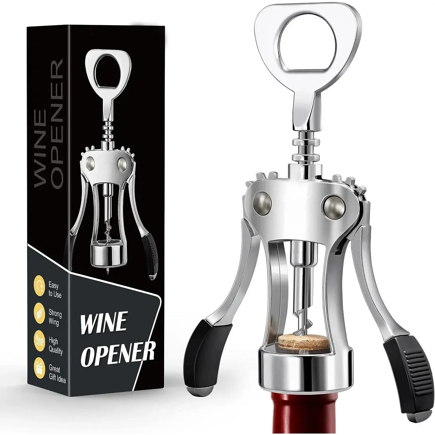 Wine Opener, Zinc Alloy Wine Bottle Opener, Wing Corkscrew Heavy Duty, Manual Multifunctional Cork Screw for Waiter, Silver| Durable Winged Corkscrew, Professional Wine Opener for Waiters, Heavy-Duty Zinc Alloy Wine Bottle Opener Kitchen Sturdy Utensils