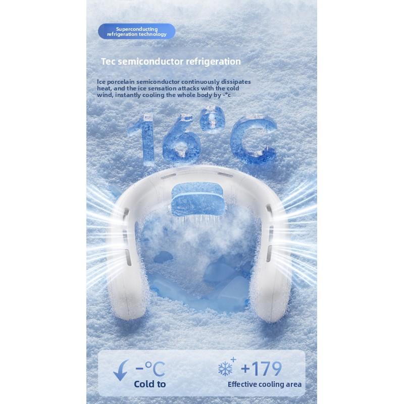 Portable hands-free neck fan with advanced semiconductor cooling technology. Features ice compress function and bladeless design for safe, comfortable cooling. USB rechargeable, lightweight and perfect for outdoor, travel, sports and daily use. Enjoy inst
