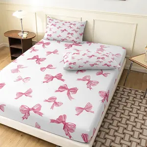 3‑Pieces Pink Coquette Bow Print Fitted Sheet Set, Bow Printed Bedding, Soft Microfiber Cute Style Bedding For Bedroom Home Decoration, Multiple Sizes Available (1 Fitted Sheet + 2 Pillowcases, No Pillow)