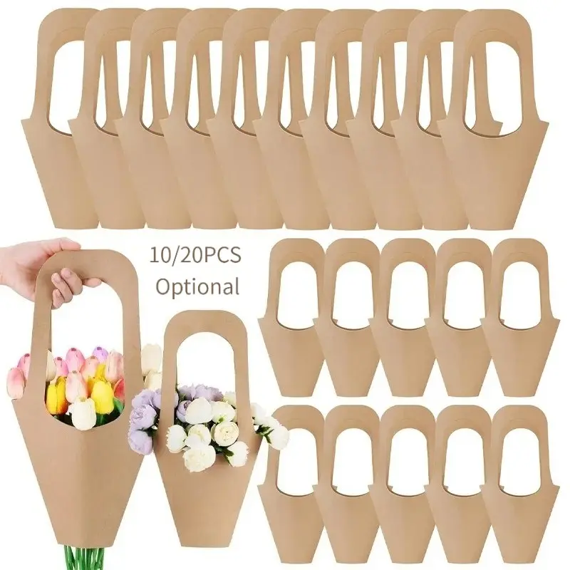 Kraft Paper Flower Wrapping Paper Gift Bags with Handle - Gift Wrapping Supplies, Bouquet Packaging, Bouquet Gift Bags for Thanksgiving, Birthday, Wedding & Party Favors,Hanging Bouquet Wrapping Bags for Home Decoration