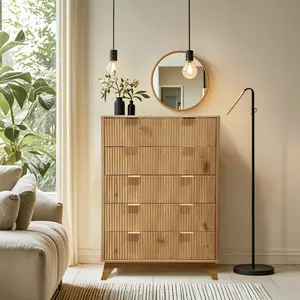 Tall 5 Drawer Dresser – Waveform Fluted Wood Chest of Drawers, Modern Storage for Clothes, for Living Room, Bedroom, Nursery, or Hallway