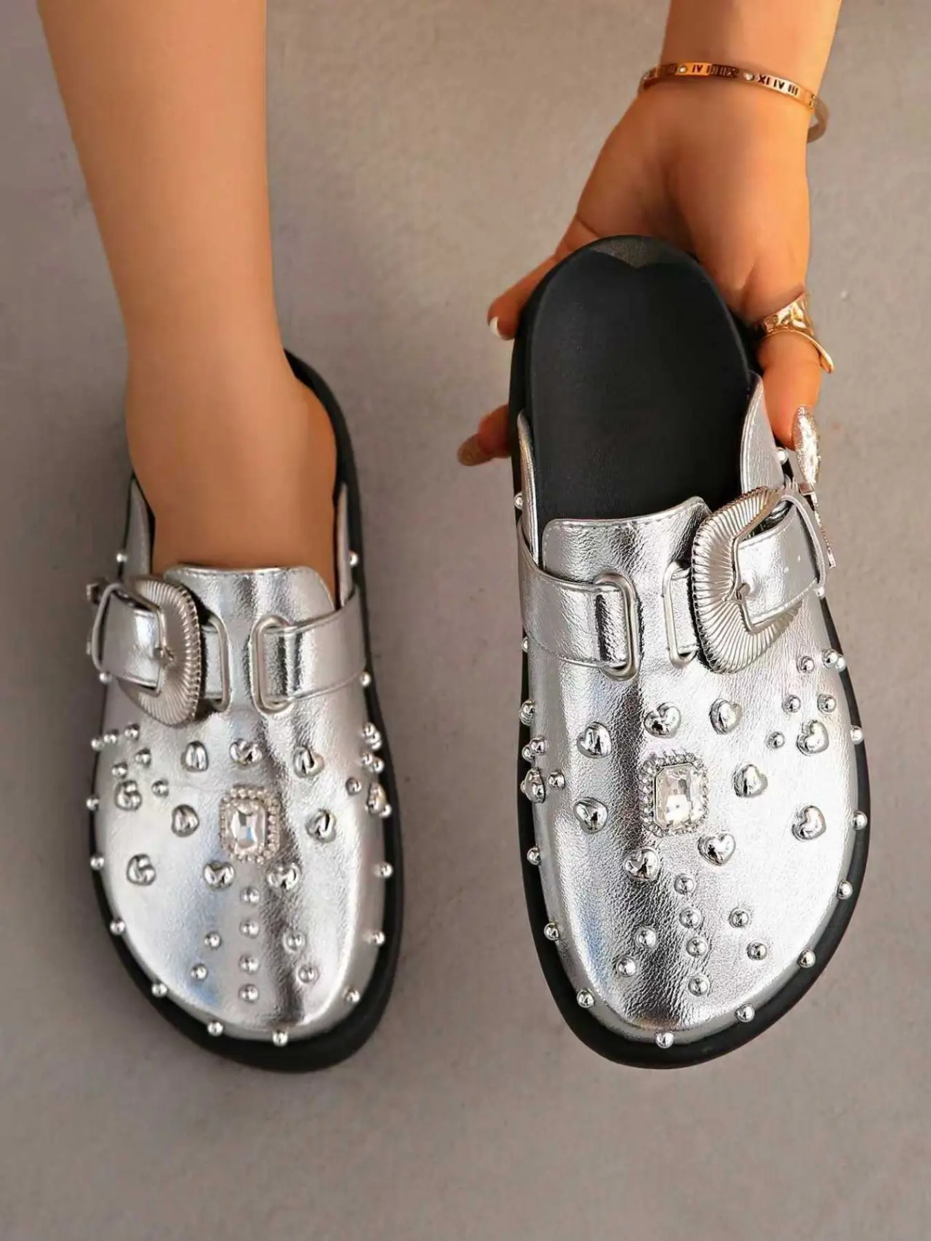 Women's Fashion Silver Color Leather Rhinestone Double Strap Thick Sole Mules, Soft Bottom Lazy Casual Sandals, Party Daily Wear