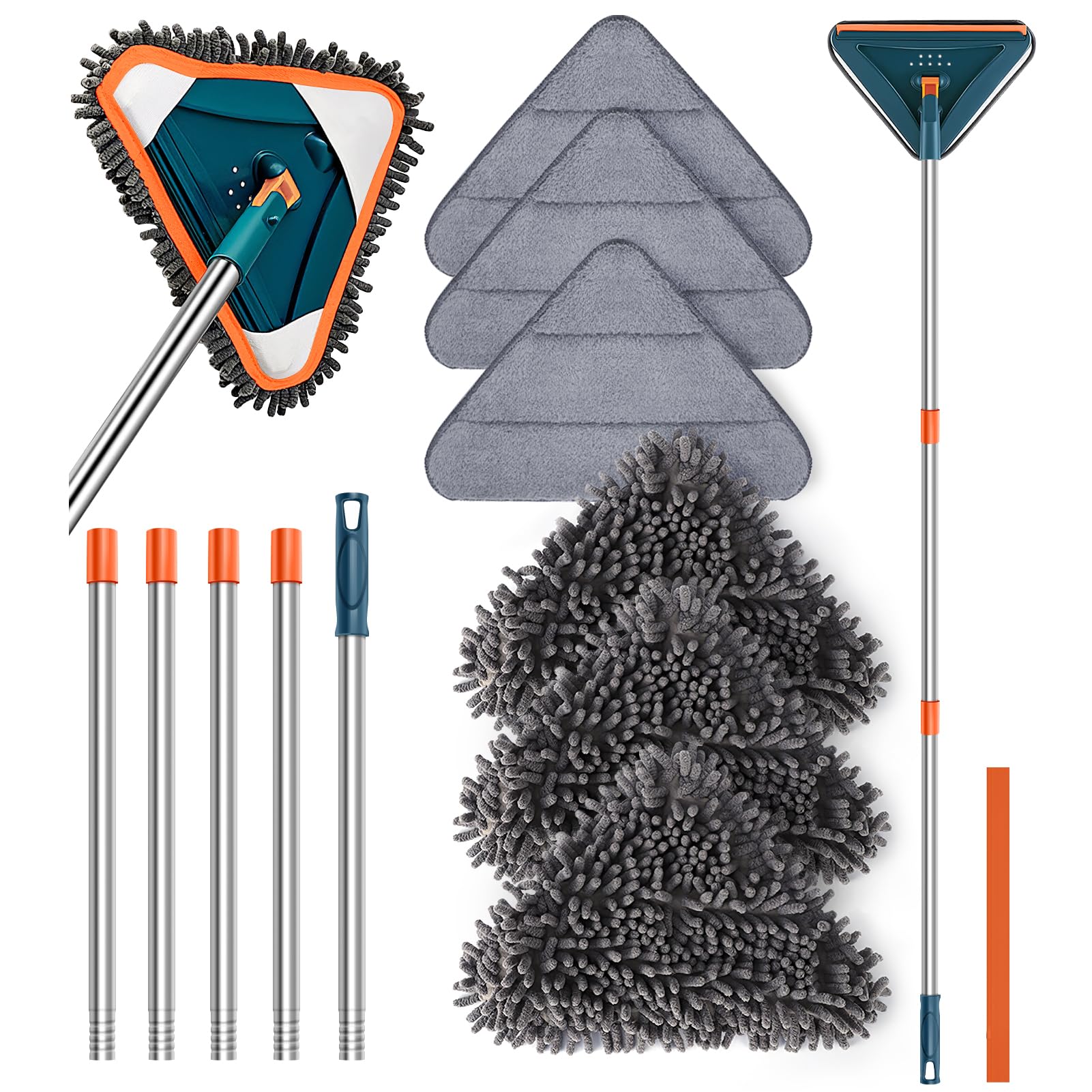 Long Handle Wall Cleaner Adjustable Length Wall Mop 360 °       Spinning Head Floor Wall Washing Cleaning Tool for Walls Ceiling Fans Floors Baseboards Dust Kitchen General Purpose, 6 Replacement Pads and 1 Silicone Squeegee