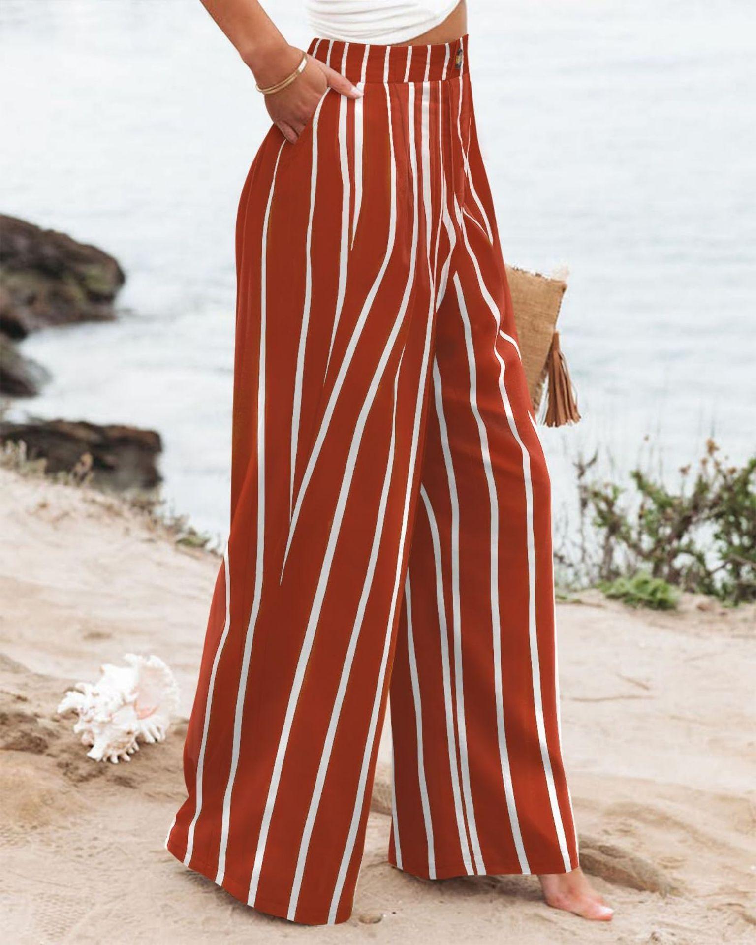 Women's Commuting and Vacation Summer Comfortable High-Waisted Long Pants with Buttons, Elastic Waist, Wide-Leg Casual Straight Pants