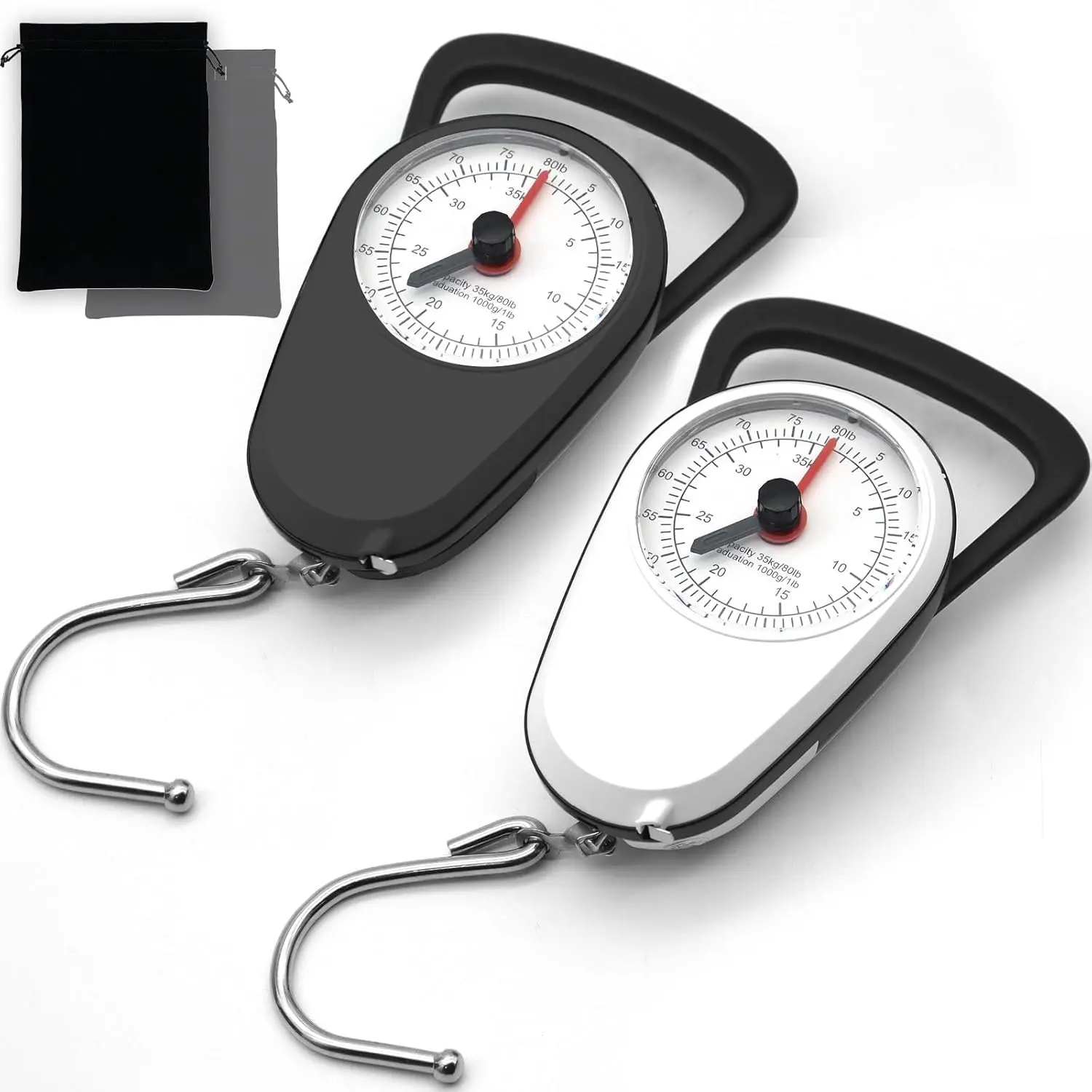 2PC Portable Luggage Weight Scale with Hook- Black & White Fishing Hanging Scale Mechanical Kitchen, Multi-Purpose Travel Suitcase Scale with Tape Measure (80 Lbs)