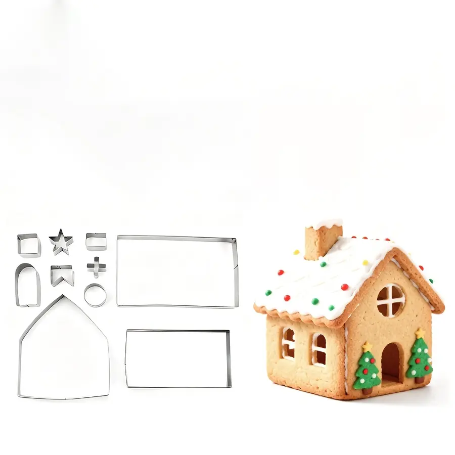 3D 3D Stainless Steel Biscuit Mold Christmas Gingerbread House Baking Tool DIY Baking Mold Set 10 Piece Set