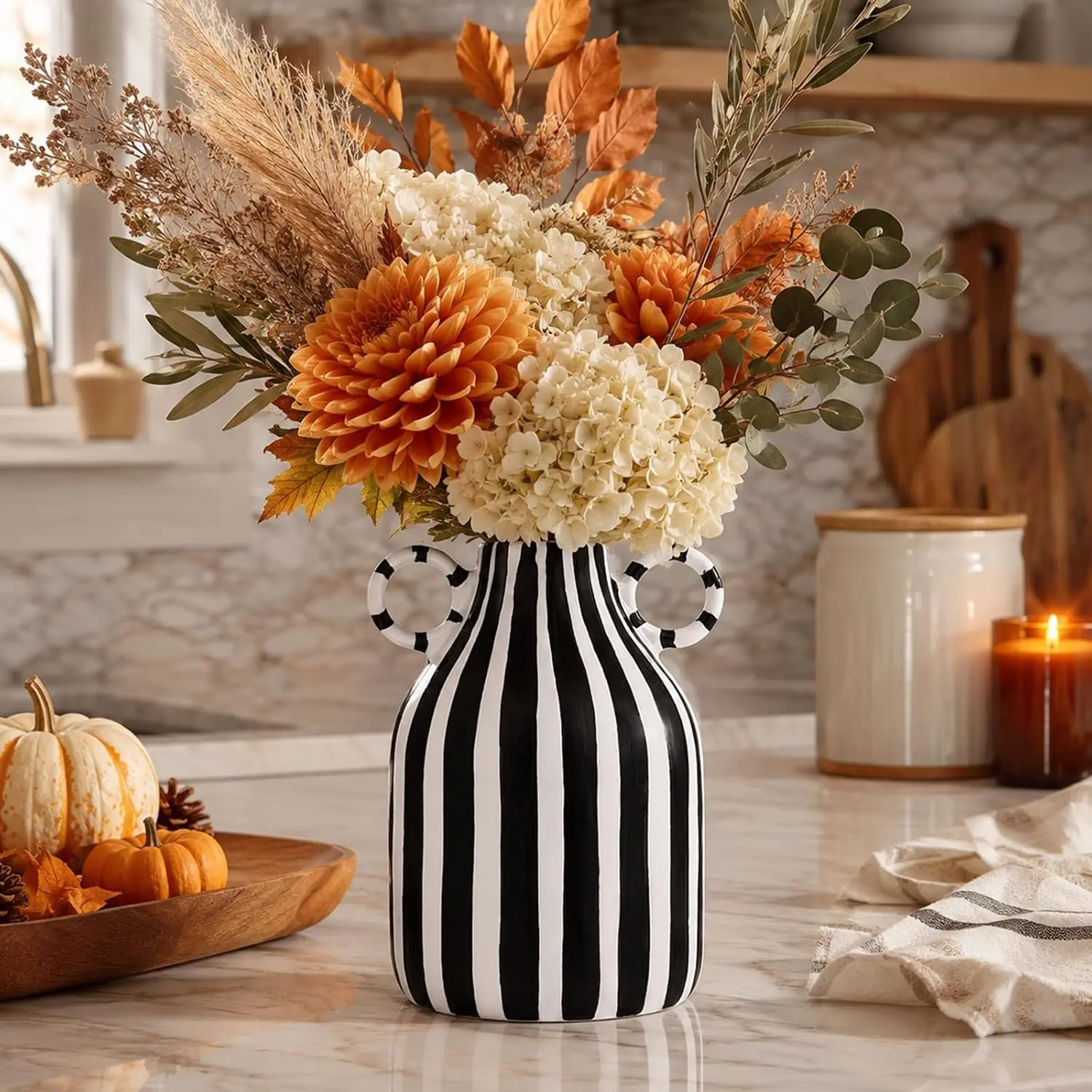 Striped Ceramic Vase with Double Ring Handles | Halloween Fall Decor Accent with Gothic Modern Style, Ceramic Centerpiece Vase for Table, Mantel, Shelf and  Styling