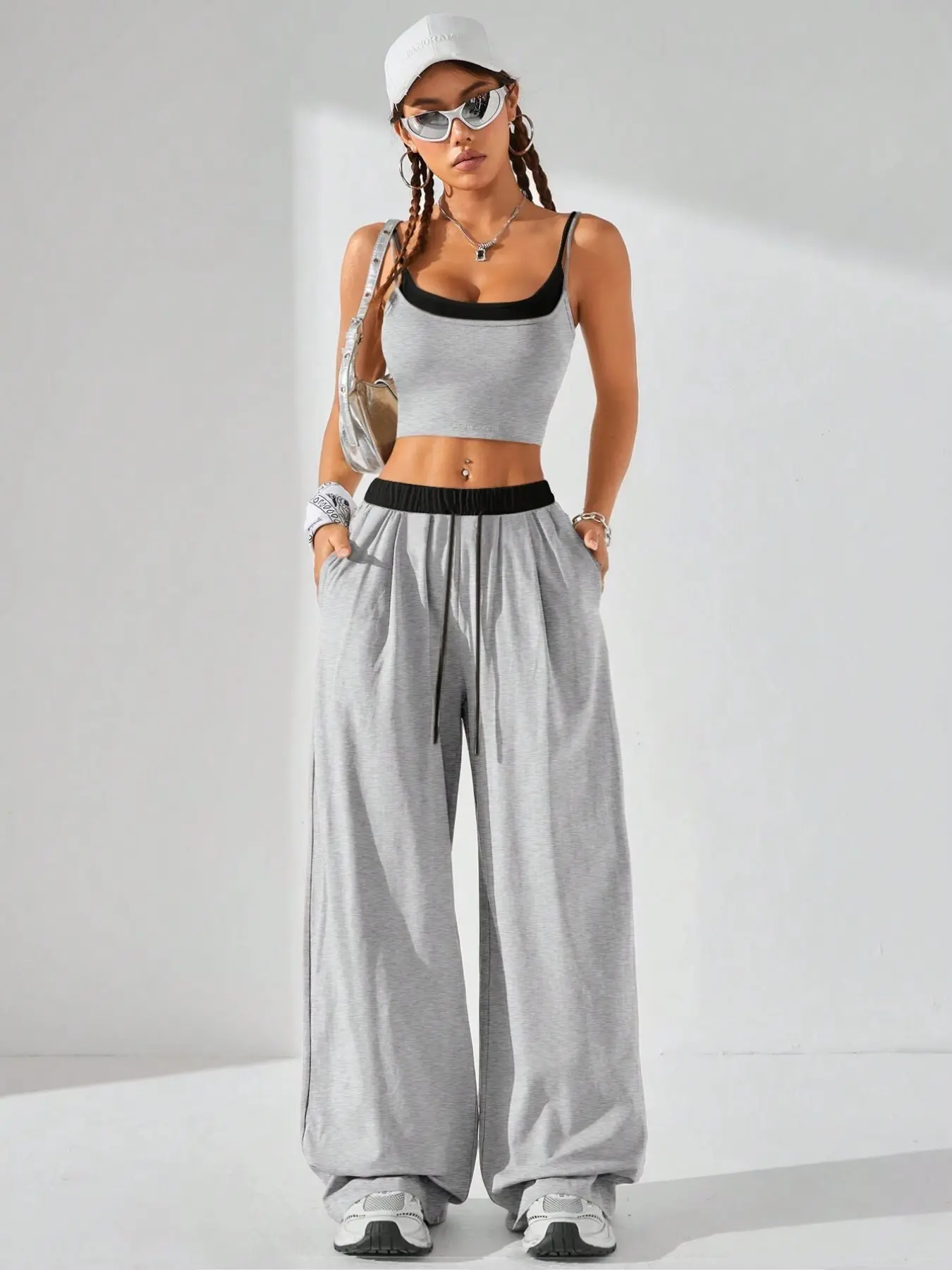 Women's Fall Winter Casual Sport Fitted Knit Two-Piece Set, Sweat Suit Set, Tank Top Sleeveless & Sweatpants Comfortable, Back-To-School Clothing, Home Wear, Fashion Clothes Set, Pants Set Outfit