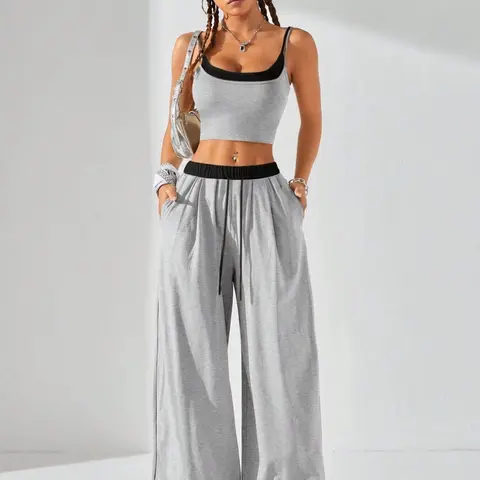 Women's Fall Winter Sport Fitted Knit Two-Piece Set, Sweat Suit Set, Tank Top Sleeveless & Sweatpants Comfortable, Back-To-School Clothing, Home Wear, Fashion Clothes Set, Pants Set Outfit, Casual Everyday Set