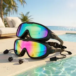 Premium Waterproof Swim Goggles with Earplugs – Anti-Fog, UV Protection, Adjustable Strap, Colorful Mirrored Lenses for Men & Women&Kids