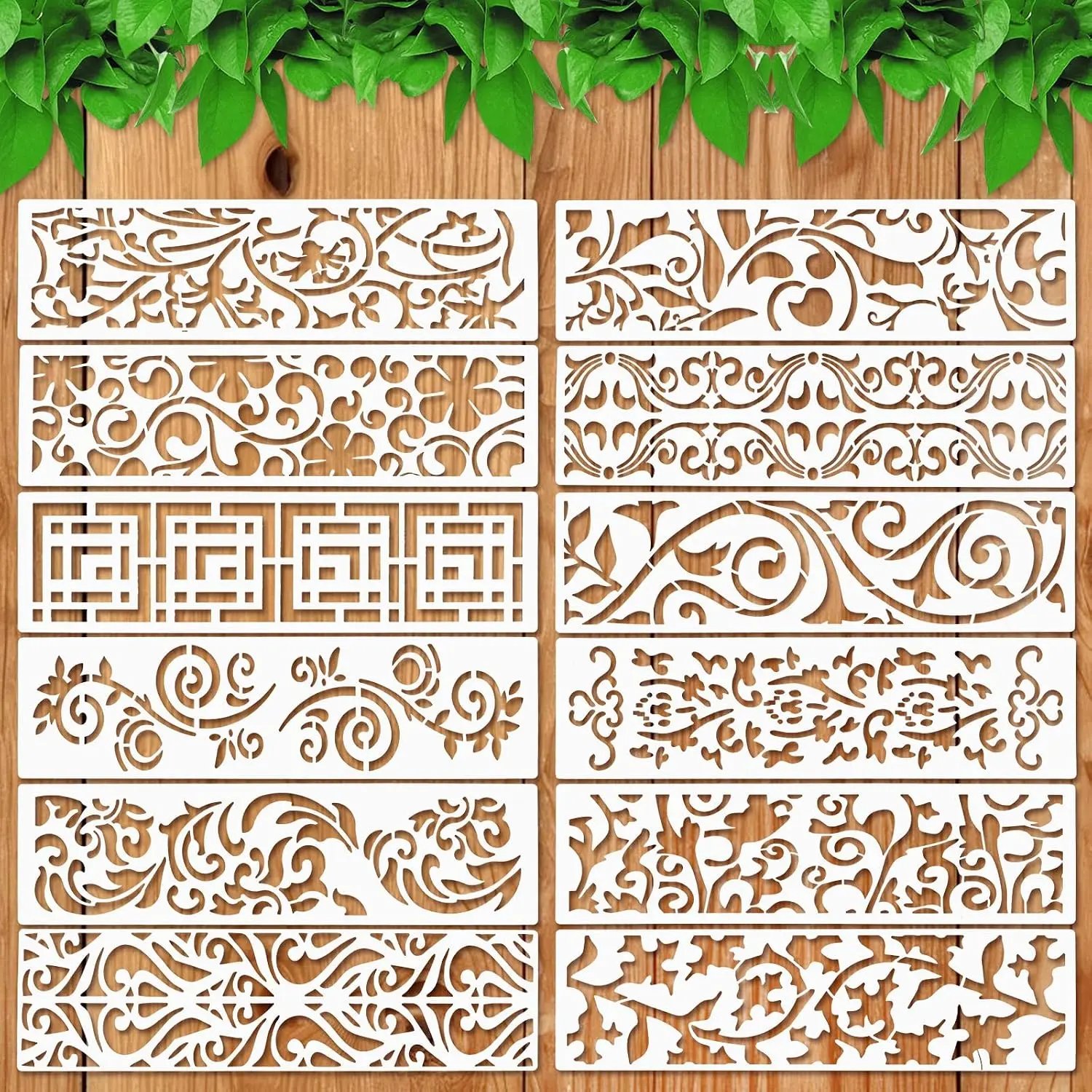 12 count Border Stencils for Painting,  Leaf Template for Painting | Furniture Cake Decorative Floral Stencils for Wall DIY Art Craft Canvas Fabric   Decor