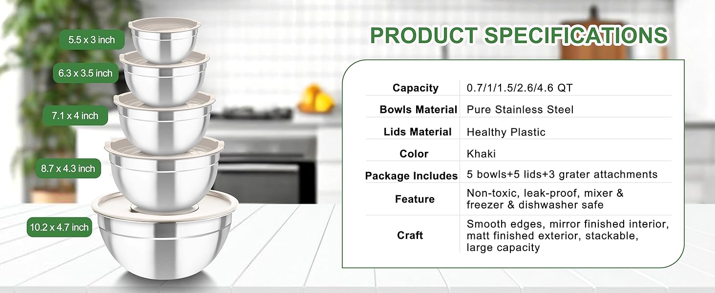 Mixing Bowls with Airtight Lids, 5PCS Stainless Steel Metal Salad Bowl with 3 Grater Attachments, for Cooking, Prepping, Serving, Healthy & Easy Clean - 0.7/1/1.5/2.6/4.6QT, Khaki