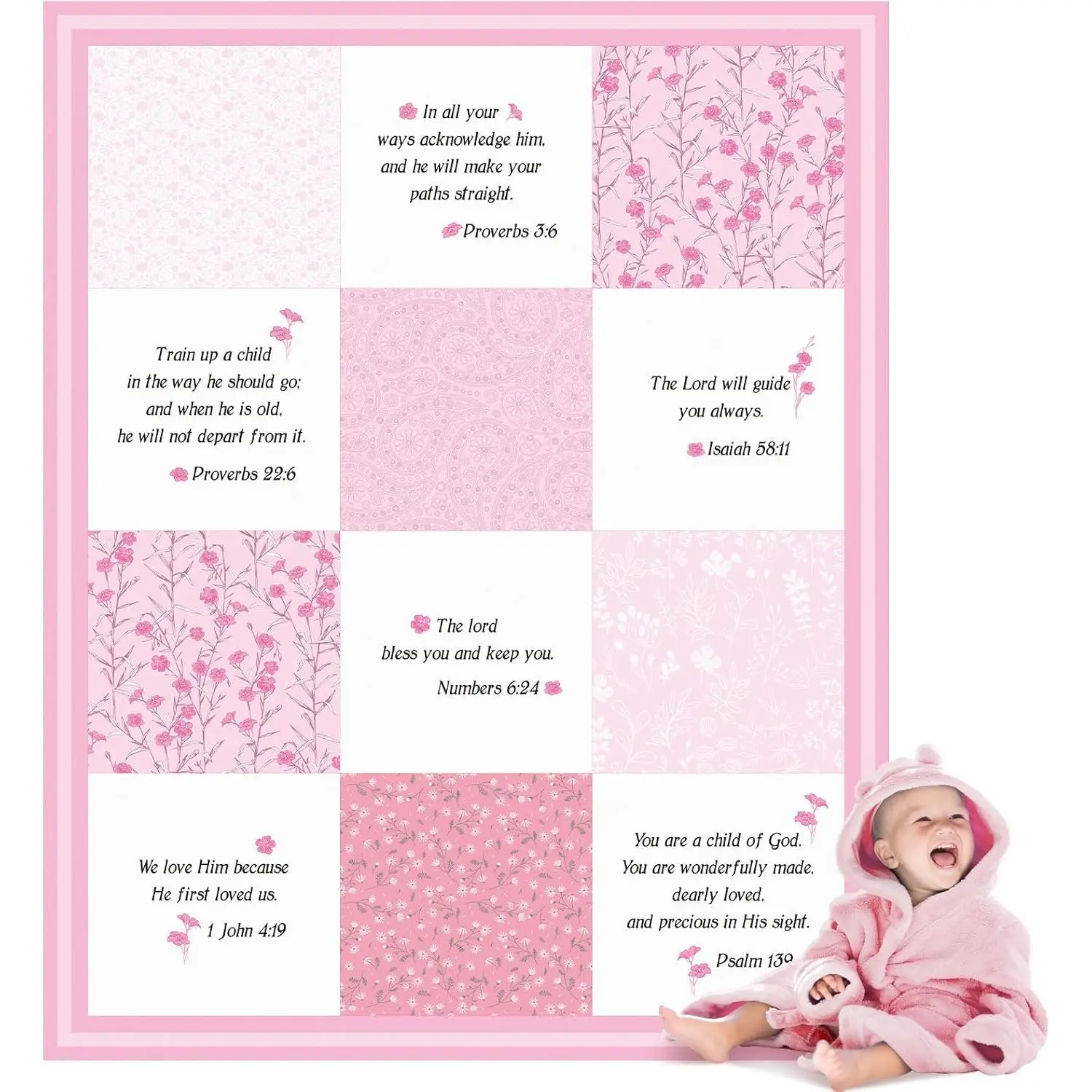 Christian Baby Blankets with Bible Verses Scripture Flowers Paisley Baby Receiving Baptism Blanket Christian Christening Gifts for Newborn Kids, 30 x 40 Inch(Pink) Slim Soft One-Side Printing
