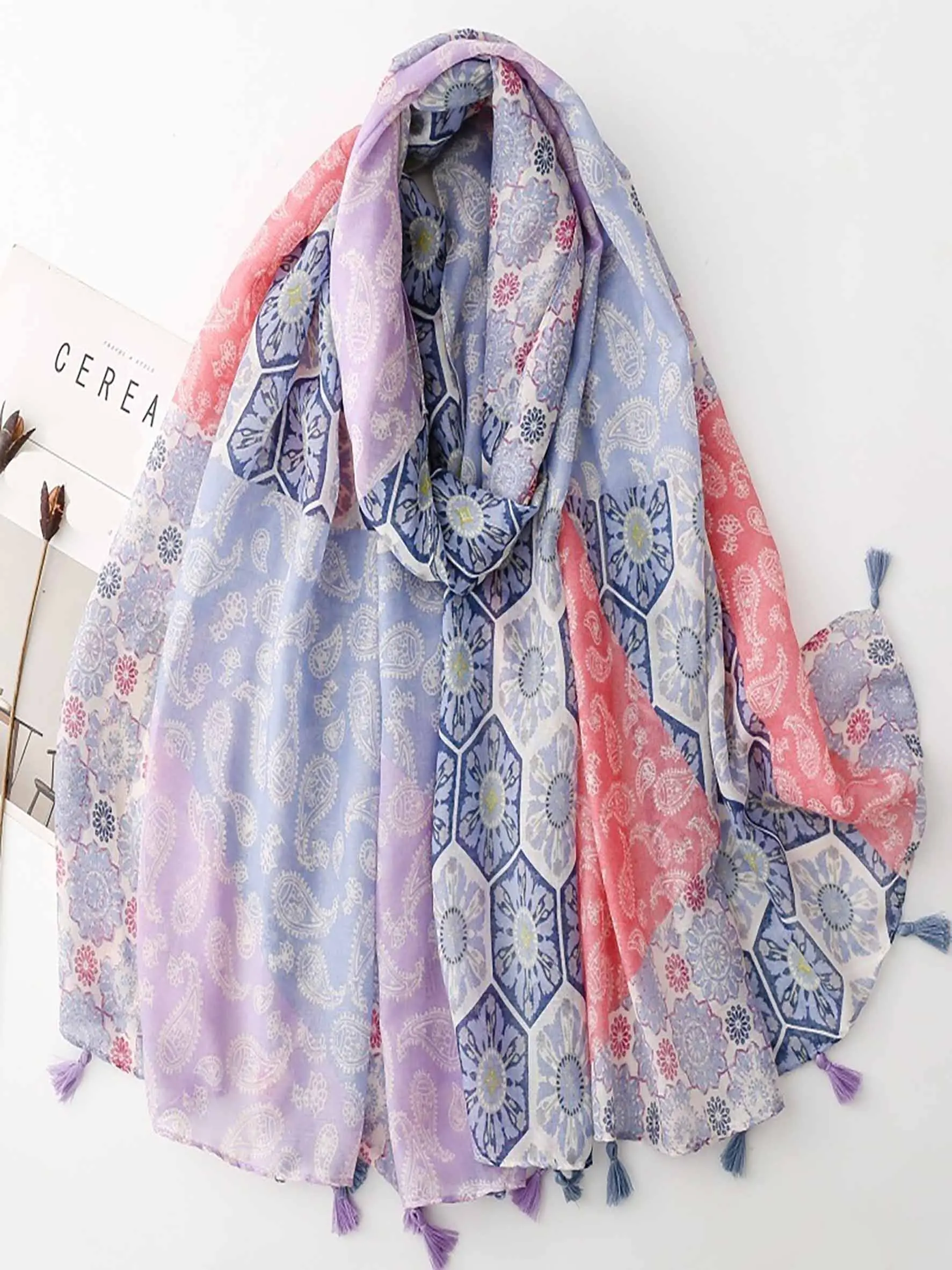 Women's Macaron Tone Blue Gradient Scarf, Paisley Lotus Flower Geometric Colorblock Long Silk Shawl, Large Wrap Blanket