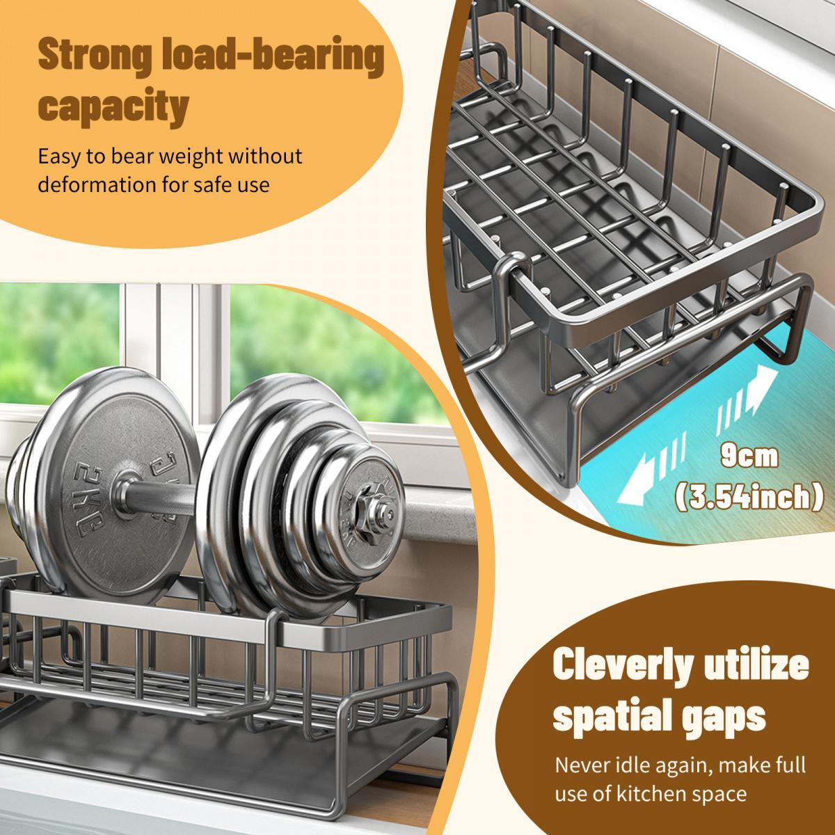 Kitchen Sink Storage Rack with High Brush & Sponge Holder Automatic Drainage System Durable Carbon Steel Ergonomic Partition Hollow Design Removable Water Tray for Sinks Countertops