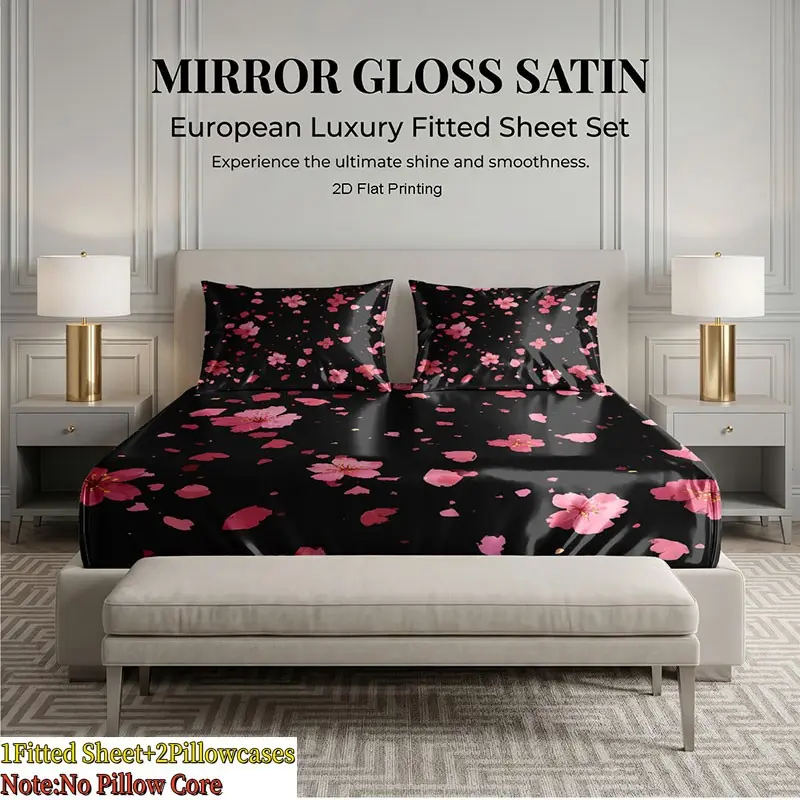 2D Digital Print Satin Bed Skirt Set, High Elastic Non-Slip Dustproof Washable Mattress Protector, King Queen Size, Multiple Patterns