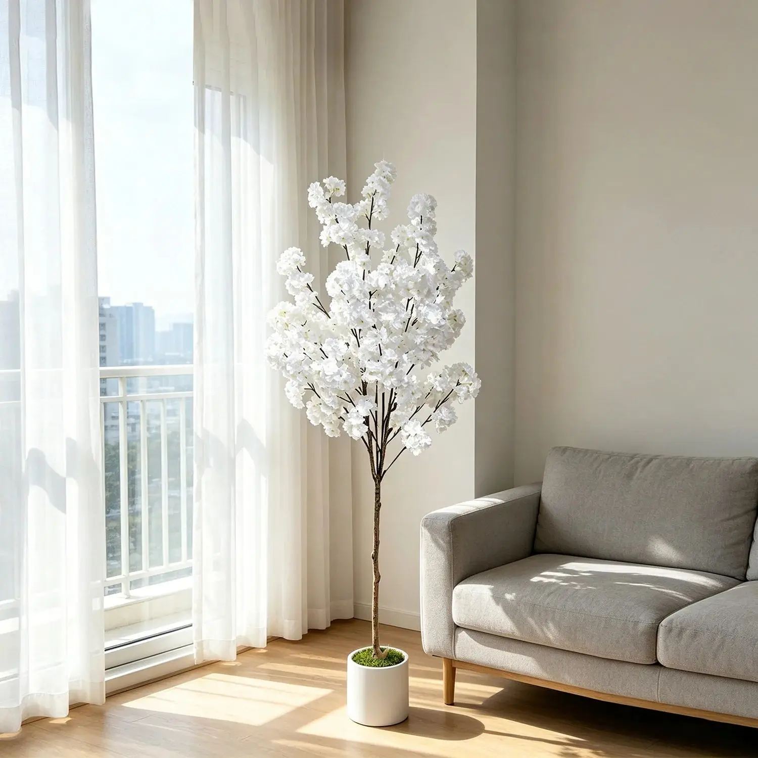 1 Pc Faux White Sakura Tree|Japanese Zen Style | Decorative Tall Faux Floral Floor Plant with Full Bloom, Zero Care | for Living Room, Spa & Wedding Display