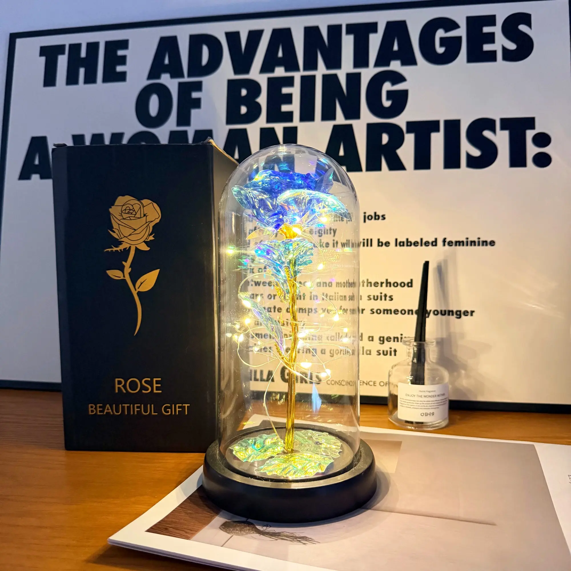 Glowing Eternal Rose Preserved Flower Lamp, LED Night Light, Gold Foil Handmade Colorful Artificial Flowers, Home Decor, Gift for Women