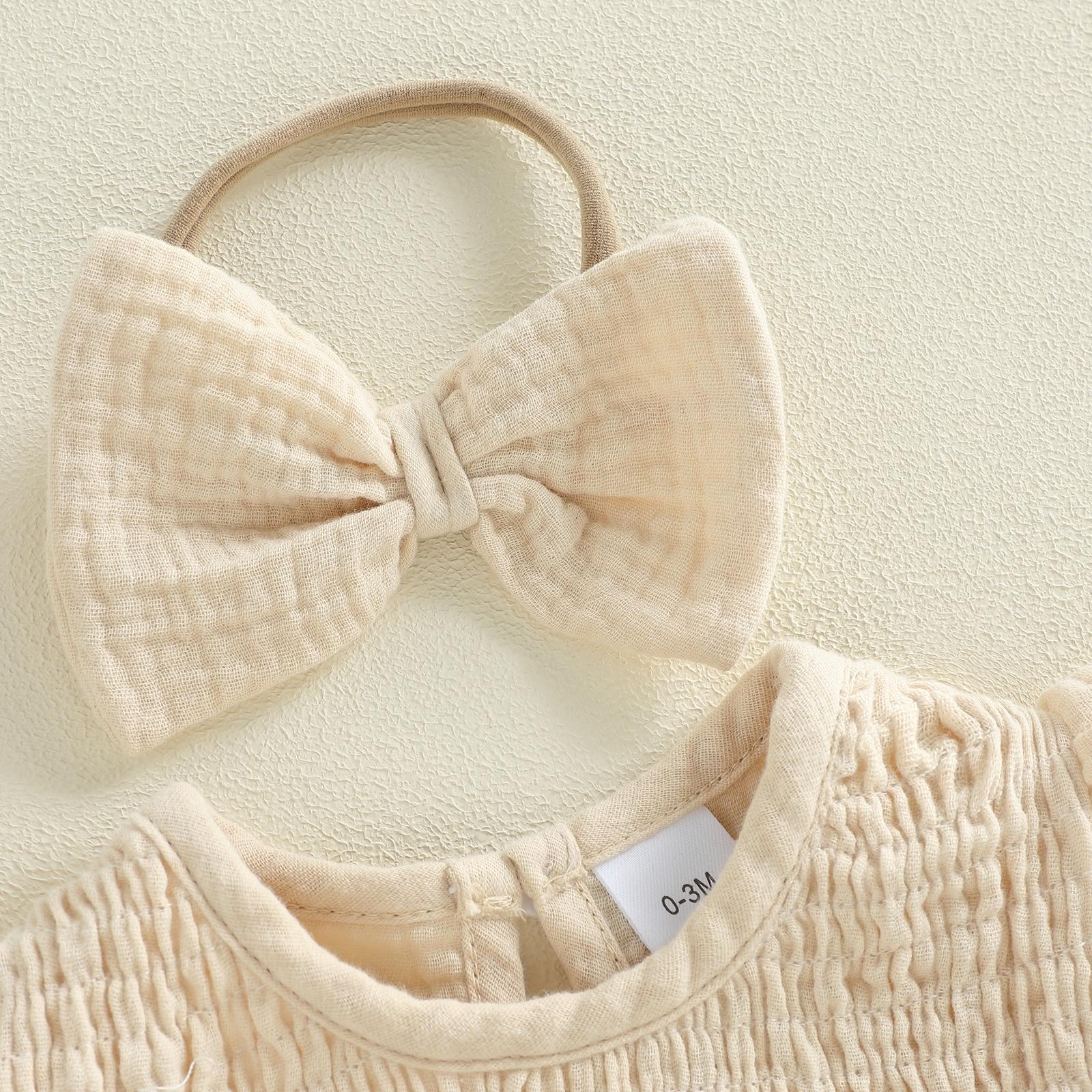 Newborn Baby Girl Romper Ruffle Sleeve Solid Smocked Bubble Romper Jumpsuit Bow Headband Cute Infant Summer Clothes