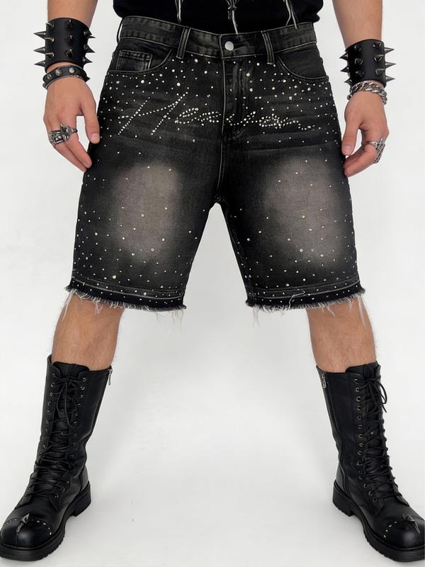 Men's shiny rhinestone-embellished denim shorts, black-gray washed denim five-point shorts, decorated with full silver rhinestones, straight-leg frayed design balances personality and versatility, Y2K street fashion shorts