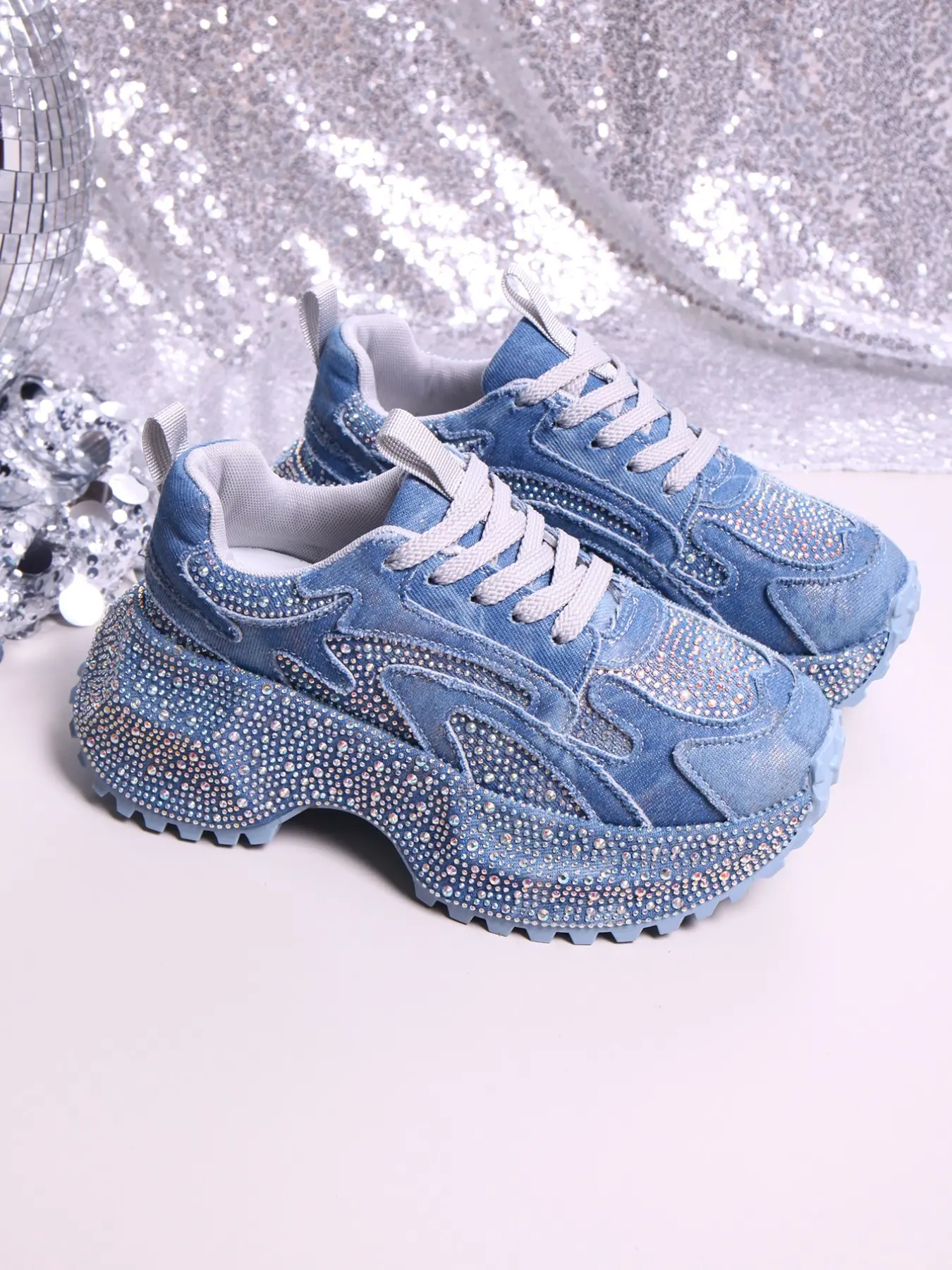 Trendy Women's Denim Dad Sneakers, Colorblock Design, Sparkly Rhinestones, Non-Slip Thick Sole, Casual All-Season Footwear