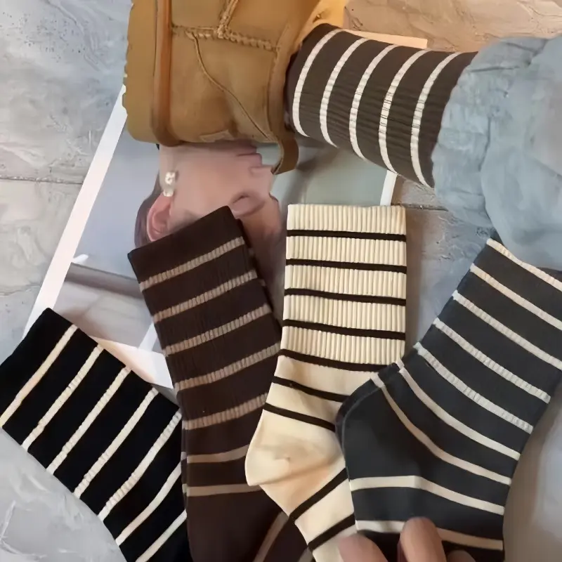Men's-Women's 1-Size Maillard Earth Tone Horizontal Striped Over-Calf Tall Socks, Fall-Winter Sports Outdoor Warm Black White Coffee Couple Socks, One Size