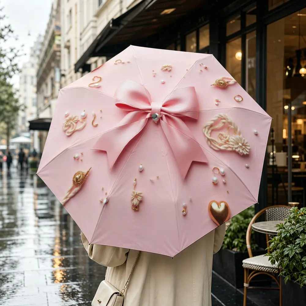 Bow Pearl Heart Folding Umbrella, Automatic Open, Iron Frame, Portable, Suitable for All Seasons, Travel, Office, Formal Events