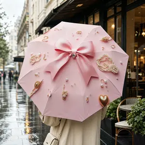 Bow Pearl Heart Folding Umbrella, Automatic Open, Iron Frame, Portable, Suitable for All Seasons, Travel, Office, Formal Events