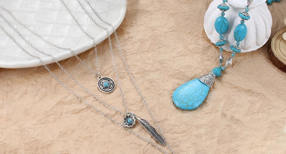 FUNRUN Boho Turquoise Jewelry Set - 14Pcs Dangle Earrings, Knuckle Rings, Wrap Bracelet, Layered Necklace & Sunflower Ring for Women