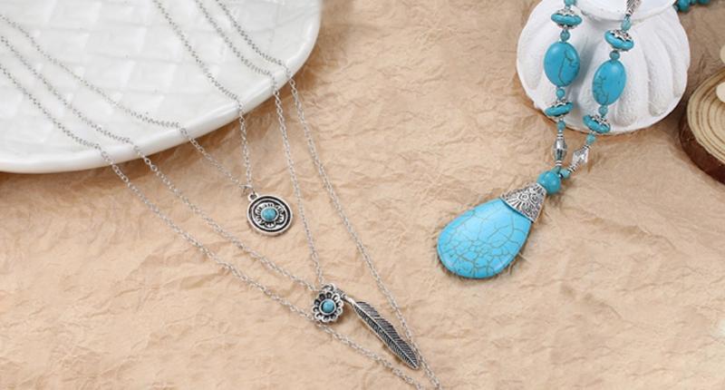 FUNRUN Boho Turquoise Jewelry Set - 14Pcs Dangle Earrings, Knuckle Rings, Wrap Bracelet, Layered Necklace & Sunflower Ring for Women