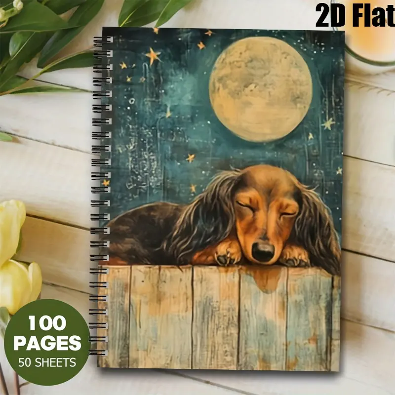 1 Spiral Coil Notebook 5.7x8.26 inch, Cute Dachshund Sleeping Under Moonlight Design, Lined Pages, Durable Binding, Perfect for Camping Journal, Travel Diary, Outdoor Adventure Log, Birthday Gift for Dog Lovers and Nature Enthusiasts [2D] Flat