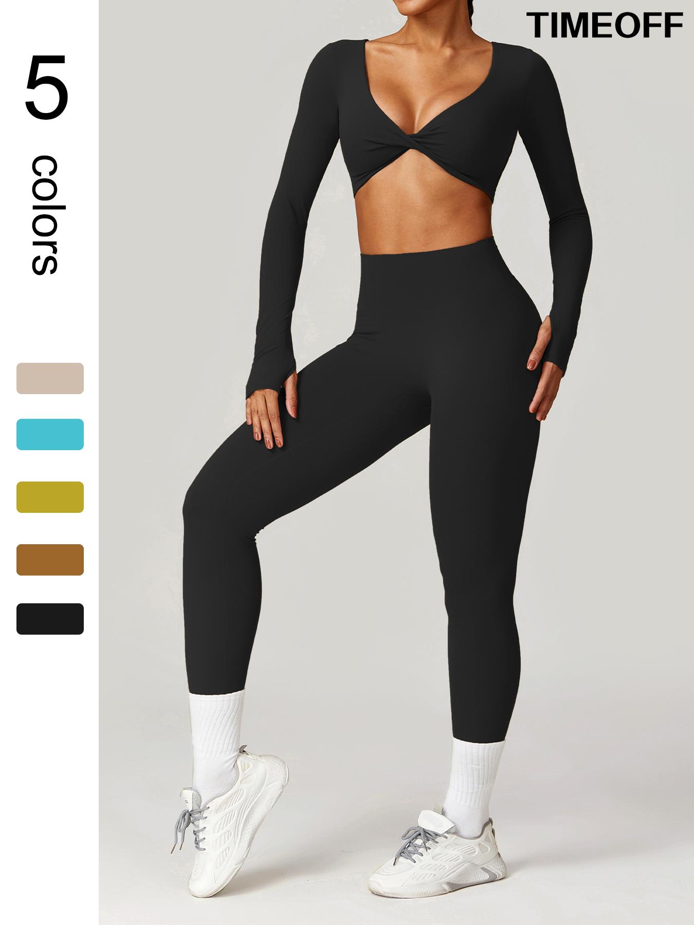 TIMEOFF Jinammonia fabric skin-friendly soft quick-drying breathable Women's Butterfly-shaped Pleated Low-cut Long-sleeved High-waist Hip-lifting Trousers Yoga suit Outdoor Running and Cycling Fashion suit Gym Sports Training All-match Long-sleeved Trouse
