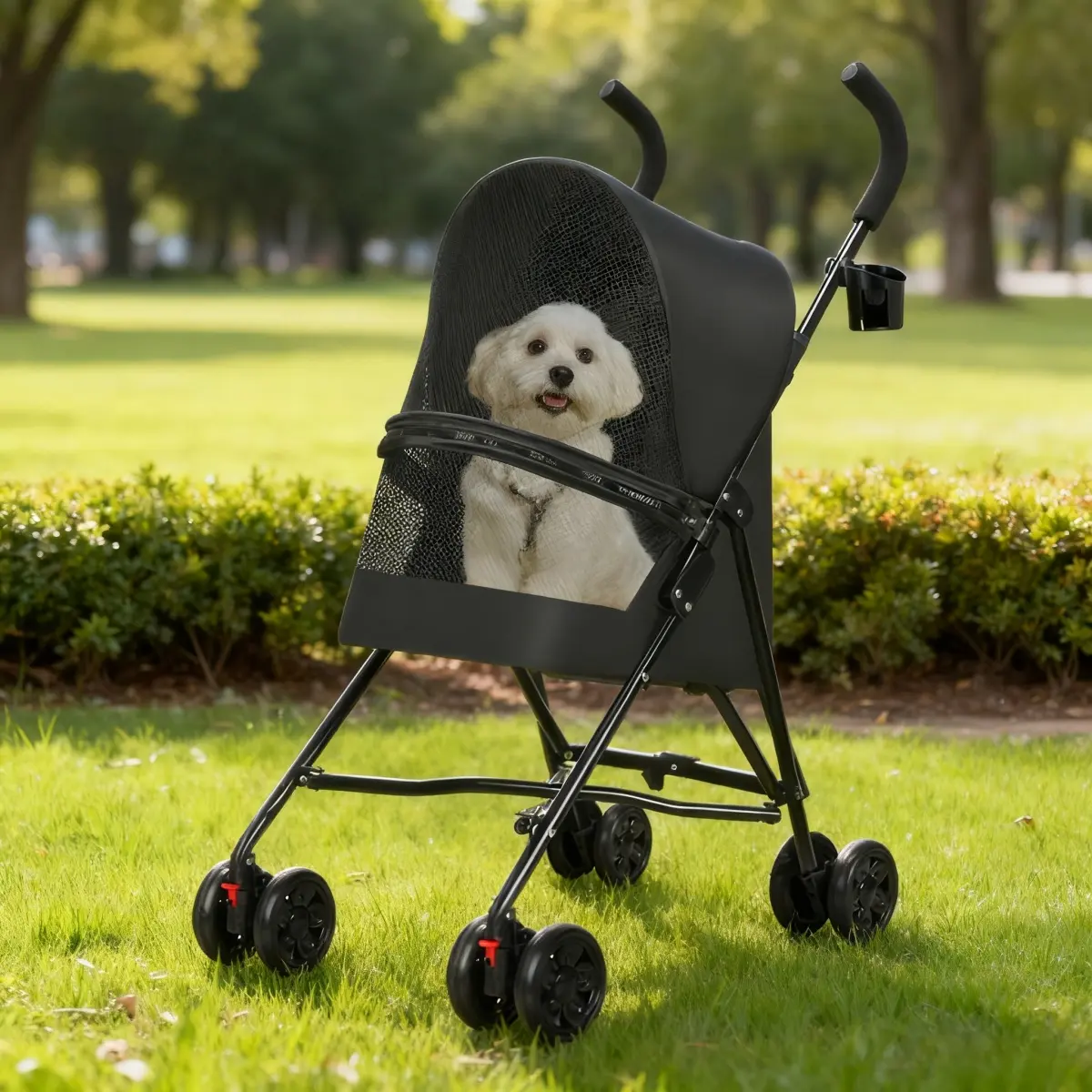 Pet Stroller for Small Dogs Cats with Mesh Ventilation, Lightweight Foldable Design, Cup Holder, Easy Fold, No Assembly Required, Black