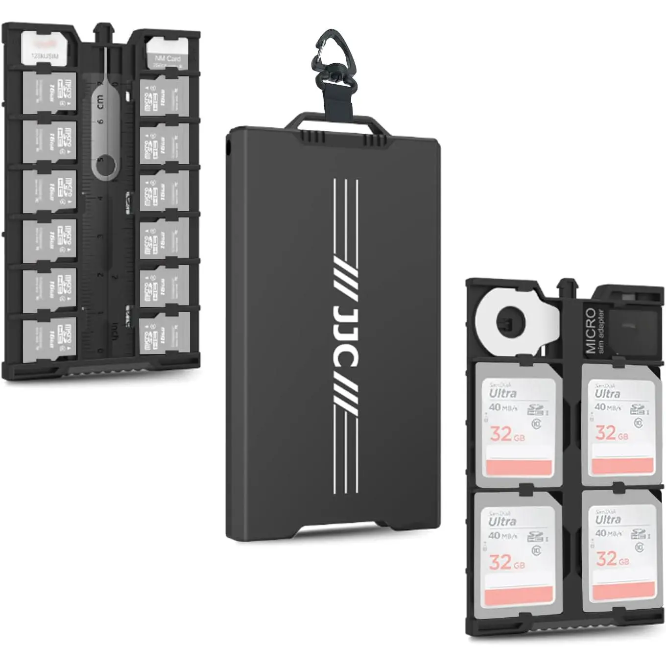Pop up Memory Card Case for 12  SD TF MSD,4 SD,2 Nano SIM/NM Cards,Anti-Shock Anti Scratch,Comes with Carabiner, Flathead Tool, SIM Adapter,Card Remove Tool and Mini Ruler (Black)