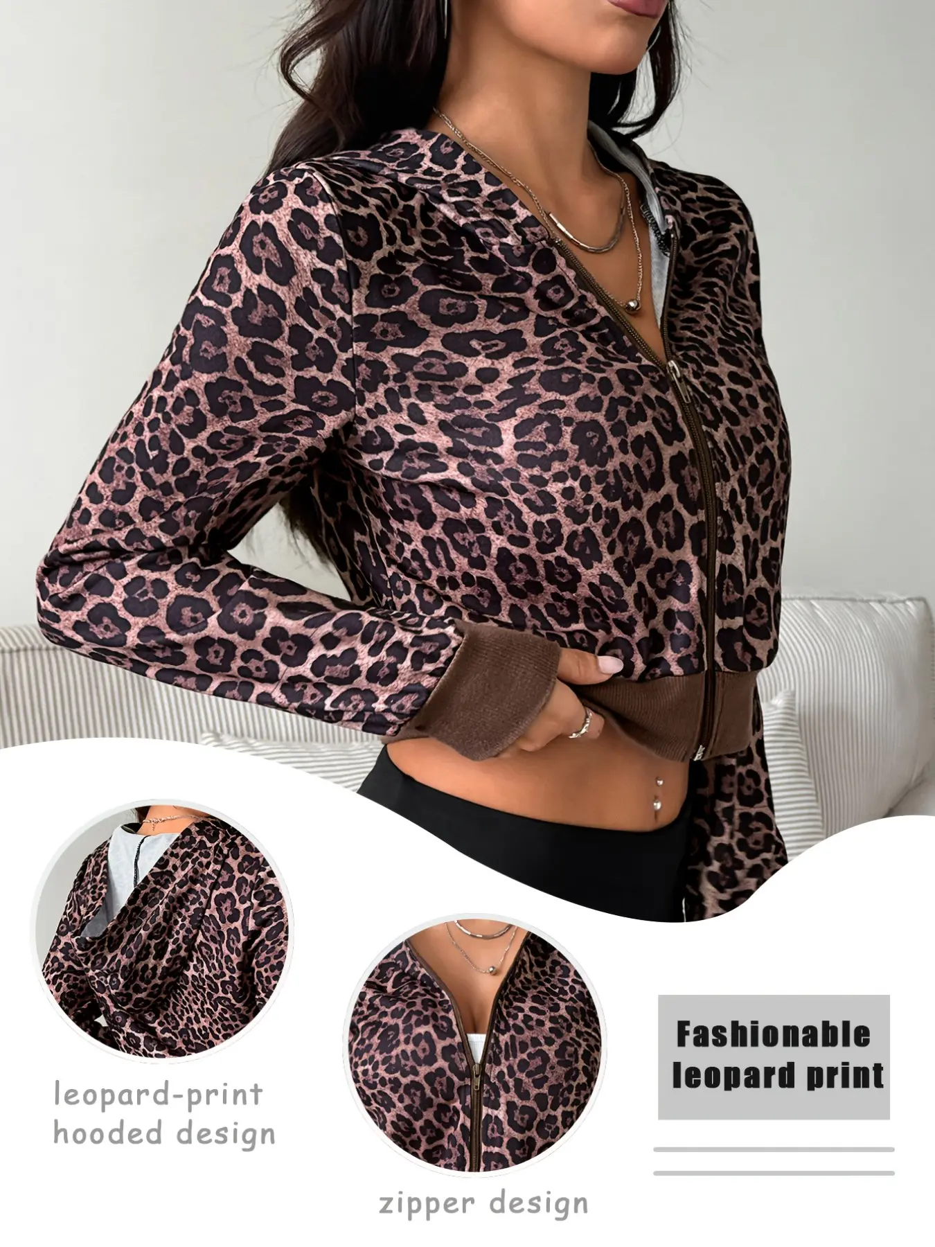 Women's Autumn and Winter Daily Millennial Hot Girl Style Sports Fitness Running Yoga Pilates Leopard Print Zipper Hooded Long Sleeve Jacket Fitted Street Urban Outdoor Retro Wild Eye-catching Neat Slim Individuality Trendy Casual