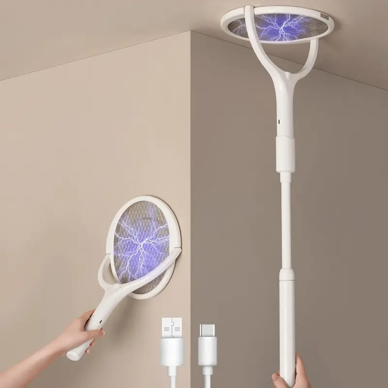 Rotating Head Electric Fly Swatter Racket Rechargeable Bug Zapper Racket Bug Zapper Indoor Fly Zapper Mosquito Zapper Flies Killer for Indoors, with a Telescopic Extension