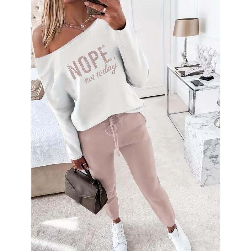 2 Piece Outfit Nope Not Today Print Skew Neck Long Sleeve Pullover Top with Stretchy Waist Long Pants Jogger Set