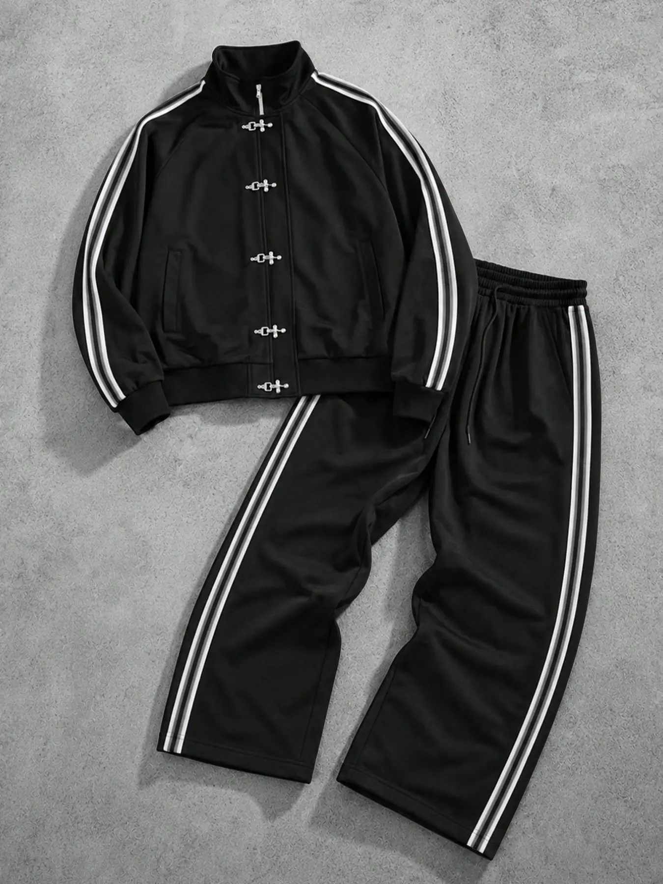 Opium Aesthetic Y2K Streetwear Tracksuit Set Unisex Metal Clasp High Neck Track Jacket and Wide Leg Side Stripe Pants 2 Piece Outfits for Grunge Dance Rave