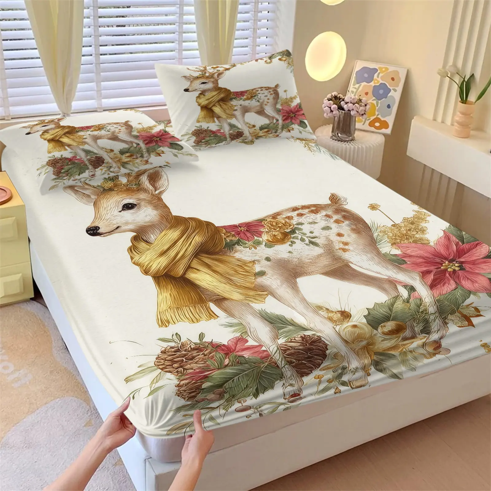 Christmas Themed Fitted Sheet with Reindeer Pattern, Anti-slip, Dustproof & Soft Bedding for Bedroom & Dorm, Ideal Housewarming Gift. Includes 1 Fitted Sheet and 2 Pillowcases, Pillow Inserts NOT INCLUDED