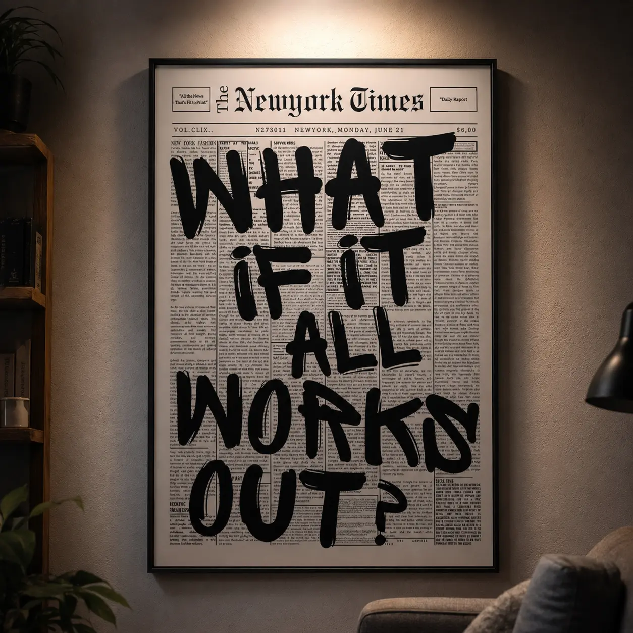 Retro Black White Newspaper Poster, "What If It All Works Out" Quote Canvas Wall Art, Positive Affirming Quote Print, Minimalist Home Decor, Bedroom Dorm Wall Decoration, Aesthetic Inspirational Artwork, Modern Wall Poster for Room